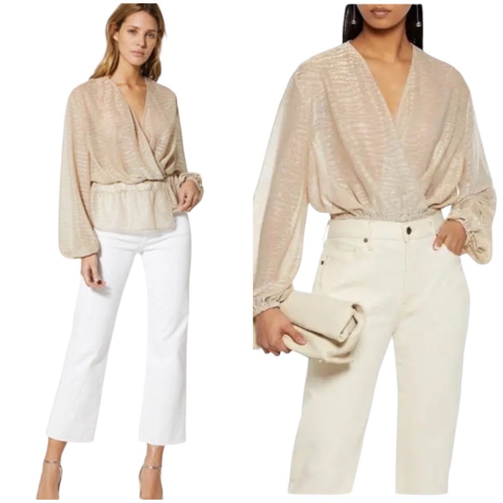 IRO Maryle Metallic Beige Long Sleeve Wrap Top FR38 US6